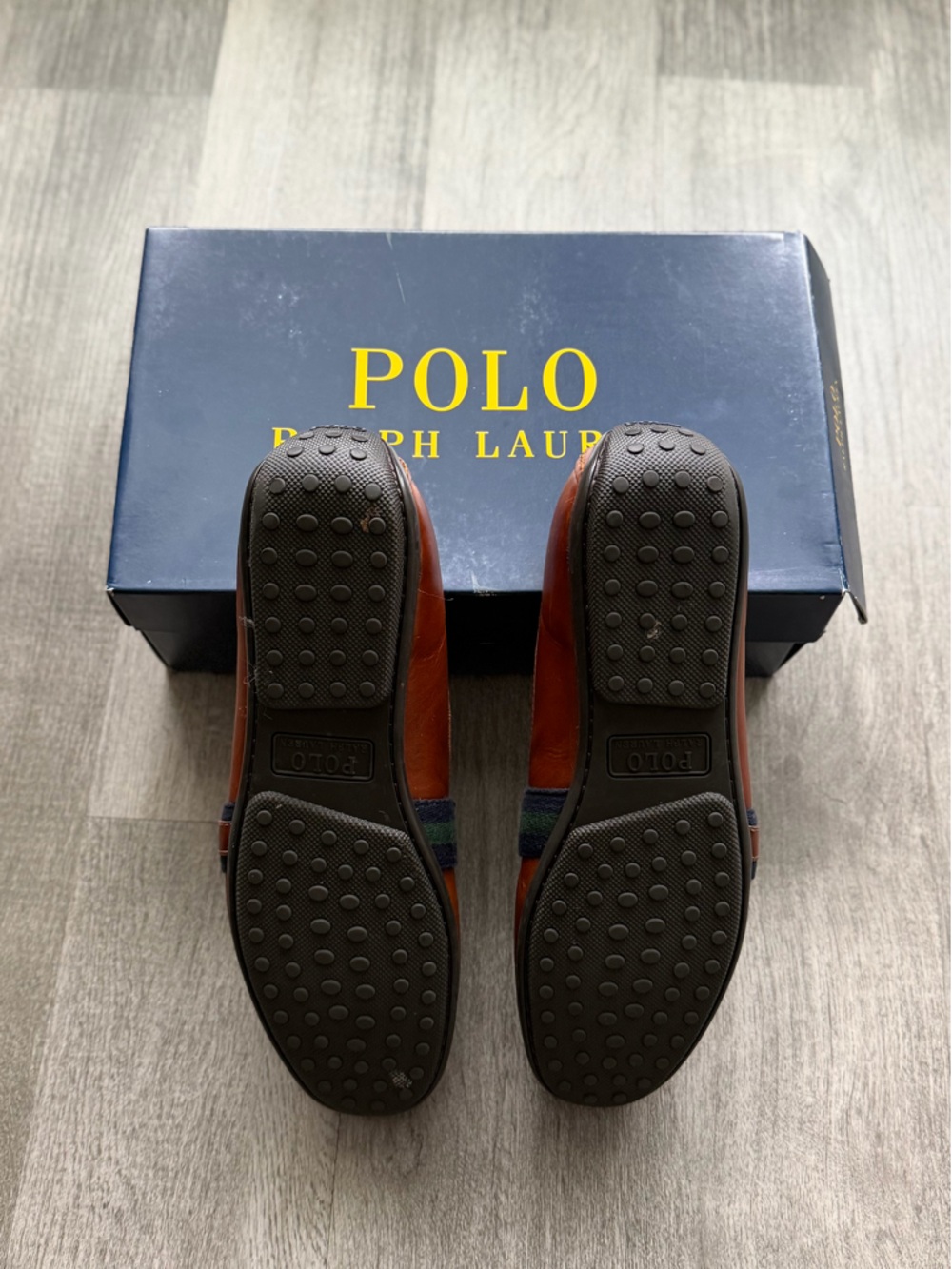Polo by Ralph Lauren Brown Leather Loafers with Navy & Green Strap - Picture 3 of 4